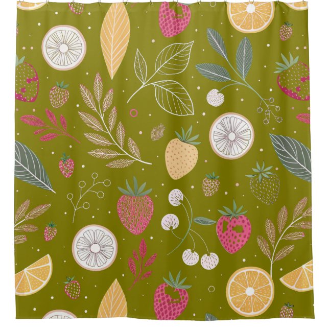Rideau de douche aux fruits et fleurs vert olive (Devant)