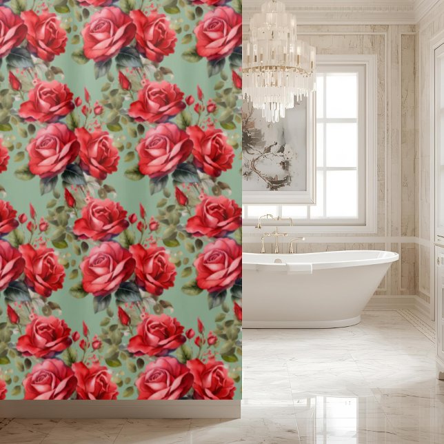 Rideau de douche aux roses rouges vert sauge éléga (Créateur téléchargé)