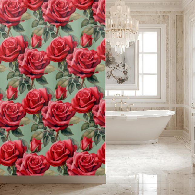Rideau de douche aux roses rouges vert sauge éléga (Créateur téléchargé)