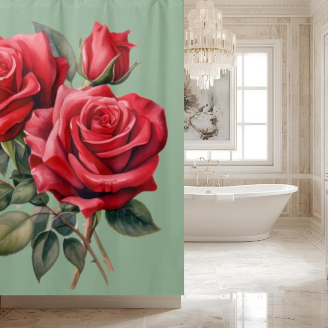 Rideau de douche aux roses rouges vert sauge éléga (Créateur téléchargé)