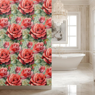 Rideau de douche aux roses rouges vert sauge éléga