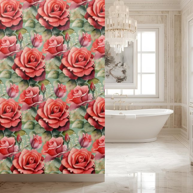 Rideau de douche aux roses rouges vert sauge éléga (Créateur téléchargé)