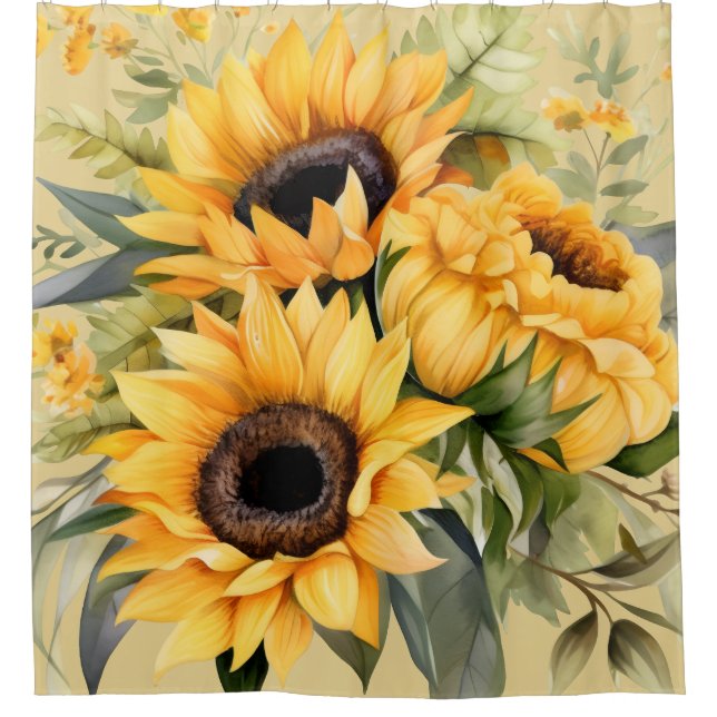Rideau de douche aux tournesols aquarelle rustique (Devant)