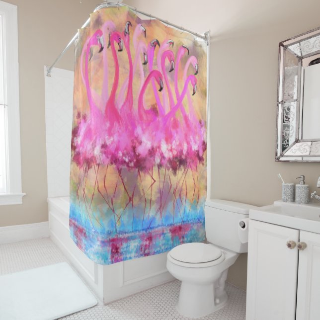 Rideau de douche avec flamants roses (En situation)