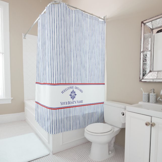 Rideau de douche avec monogramme à rayures nautiqu (En situation)
