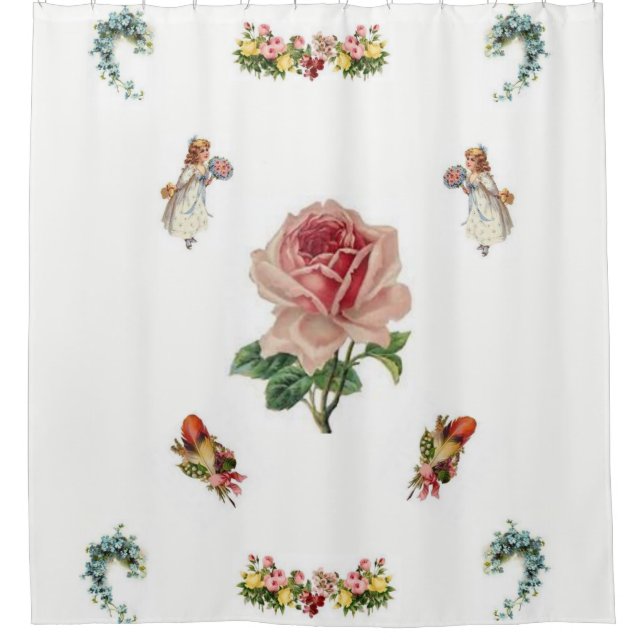 rideau de douche blanc à fleurs vintages (Devant)