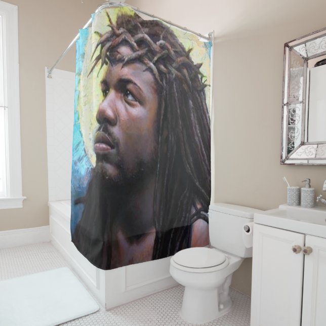 Rideau de douche blanc croisé Jésus (En situation)