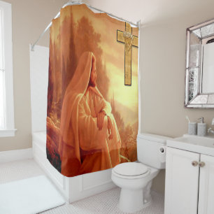 Rideau de douche blanc croisé Jésus