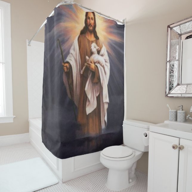 Rideau de douche blanc croisé Jésus (En situation)