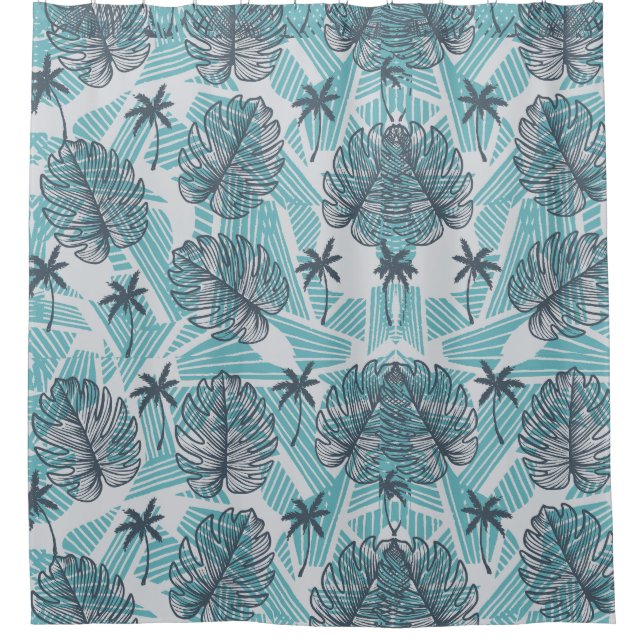 Rideau de douche bleu Palm Leaf sans joint (Devant)