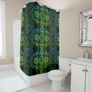 Rideau de douche bohème vert, noir et bleu