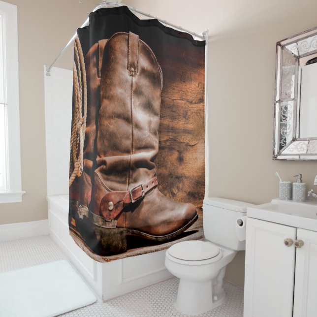 Rideau de douche Bottes de cowboy Grange Bois Rust (En situation)