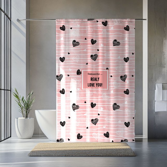 Rideau de douche Cadeau d'amour romantique Cœur ro (Romantic Love Gift Shower Curtain Pink Black Hearts)