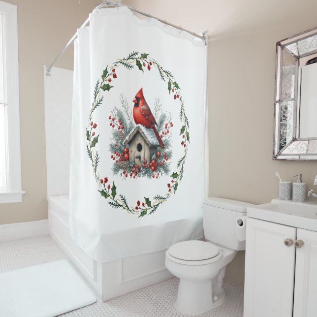 Rideau de douche Cardinal Rouge de Noël (En situation)
