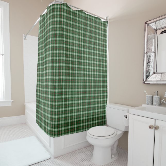 Rideau de douche carreaux tartan vert blanc écossa (En situation)