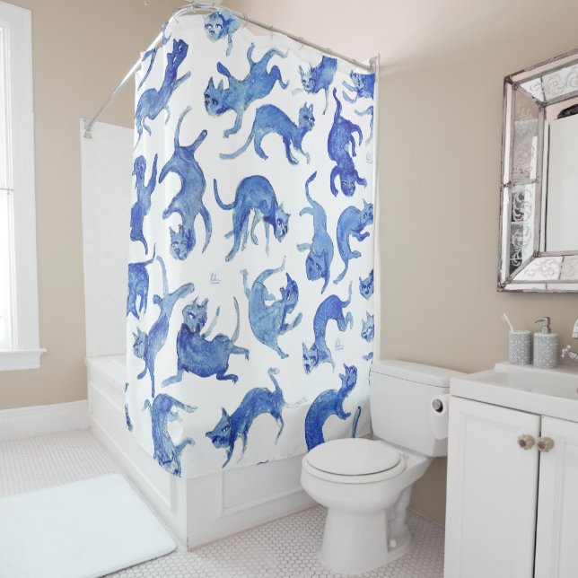 Rideau de douche Chats Flottants Bleu Ming - Miao  (En situation)