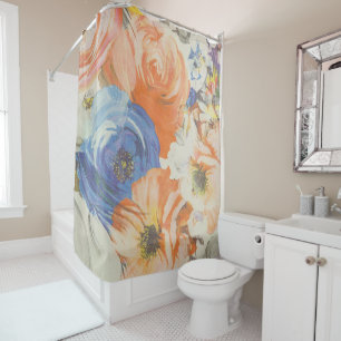 Rideau de douche coloré floral bleu orange beige