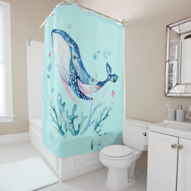Rideau de douche composition baleine et coraux de  (En situation)