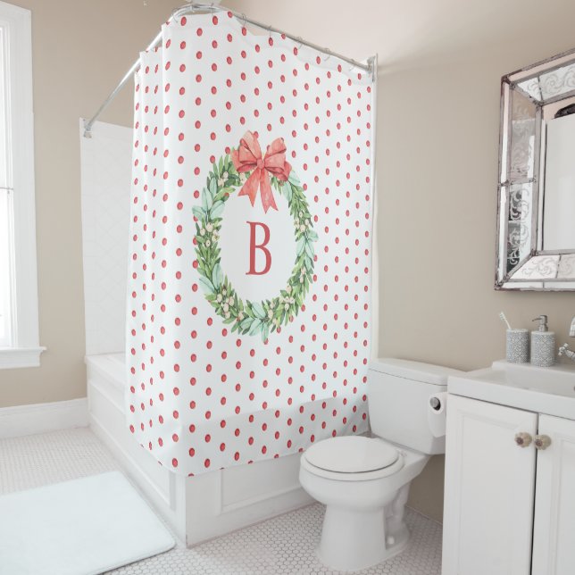 Rideau de douche Couronne de Noël Rouge à pois Mon (En situation)