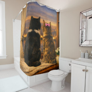 Rideau de douche Crépuscule Deux Chats à la Fenêtr