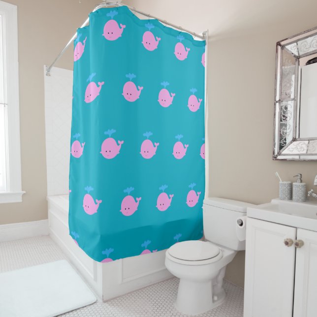 Rideau de douche de baleine, salle de bain à thème (En situation)