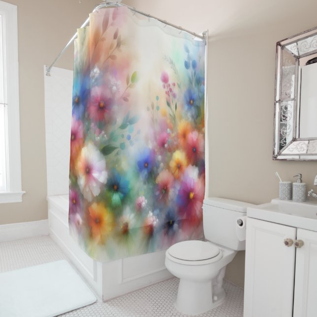 Rideau de douche de fleurs aquarelles abstraites (En situation)