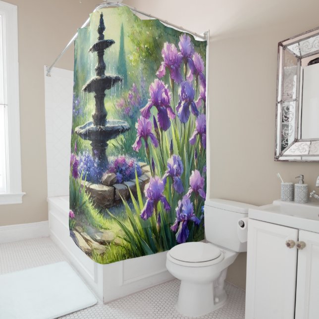 Rideau de douche de jardin de fleurs d'iris violet (En situation)