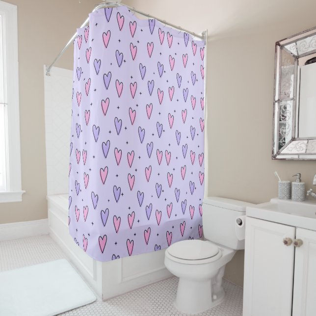 Rideau de douche de la Saint-Valentin, cœurs roses (En situation)