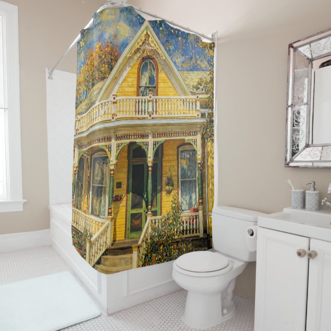Rideau de douche de maison jaune victorienne fanta (En situation)