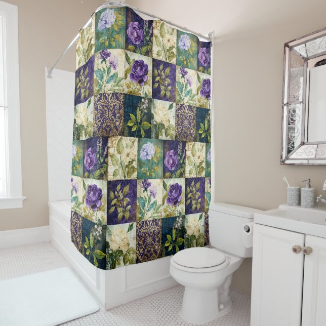 Rideau de douche de style patchwork vintage (En situation)