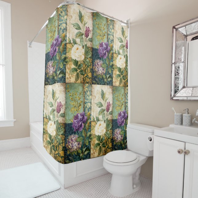 Rideau de douche de style patchwork vintage (En situation)