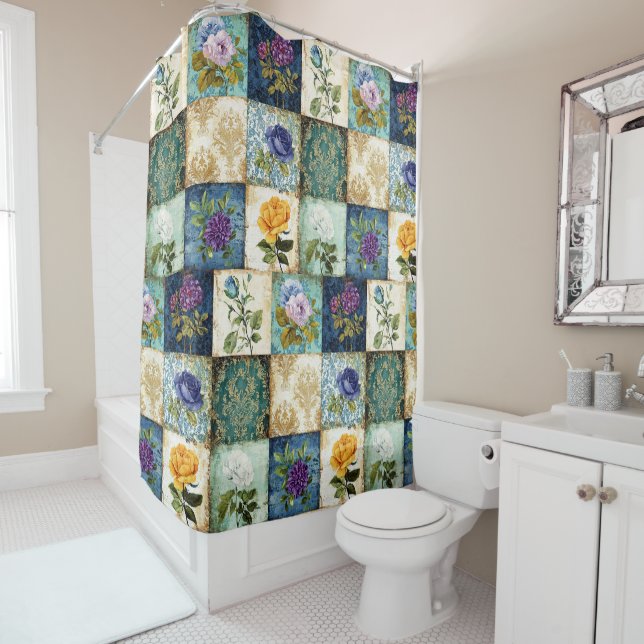 Rideau de douche de style patchwork vintage (En situation)