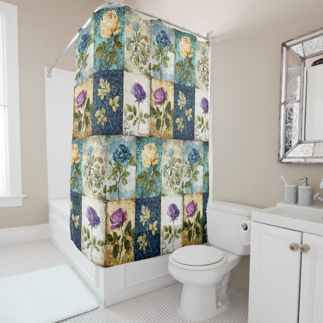 Rideau de douche de style patchwork vintage (En situation)