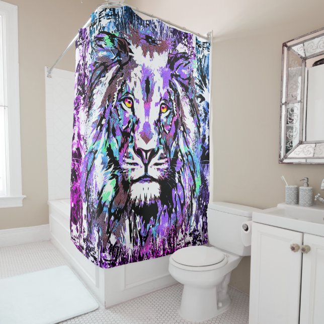 Rideau de douche de tête de lion bleu - Visage de  (En situation)