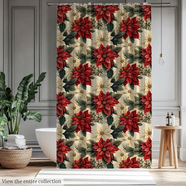 Rideau de douche de vacances Fleurs de Noël classi (Holiday Shower Curtain with Classic Christmas Flowers)