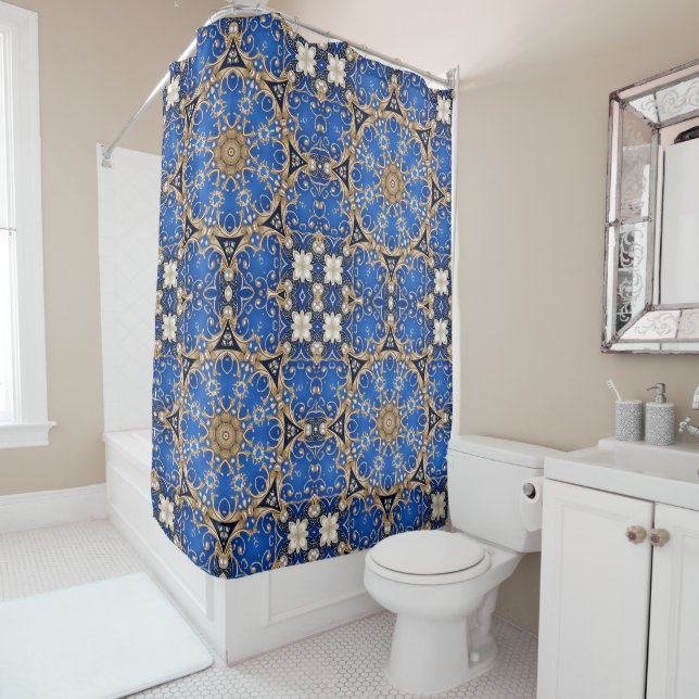 Rideau de douche décoratif bleu or (En situation)