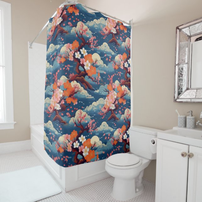 rideau de douche design motif japonais (En situation)