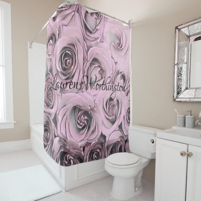 Rideau de douche Dessin de roses roses (En situation)