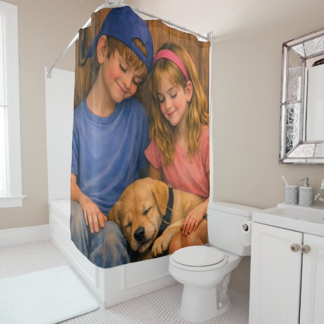 Rideau de douche Deux Enfants avec Chien Endormi (En situation)