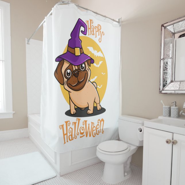 Rideau de douche d'Halloween Puggy (En situation)
