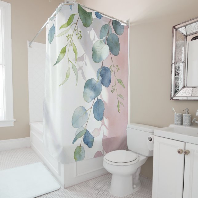 Rideau de douche en aquarelle Branches d'eucalyptu (En situation)