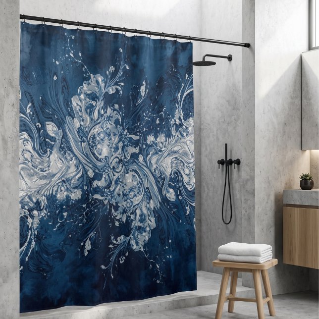 Rideau de douche en art fluide abstrait bleu marin (Créateur téléchargé)