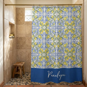 Rideau de douche en carreau de majolique bleu et c