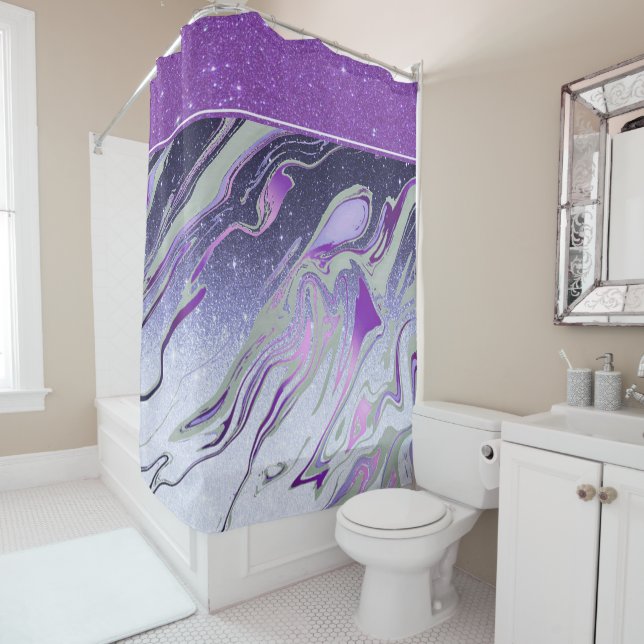 Rideau de douche en marbre à paillettes violettes (En situation)