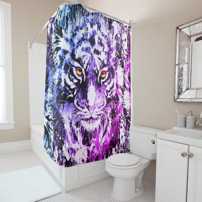 Rideau de douche en tigre - Tiger violet bleu (En situation)