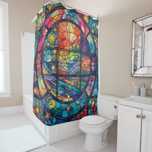 Rideau de douche en verre peint paradisiaque (En situation)