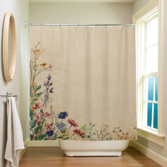 Rideau de douche Fleur sauvage Bohème Rustique Bor (Beige Border Rustic Boho Wildflower Shower Curtai Shower Curtain)