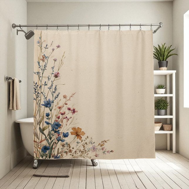 Rideau de douche Fleur sauvage Bohème rustique Bor (Beige Border Rustic Boho Wildflower Shower Curtai Shower Curtain)