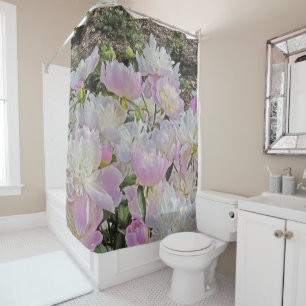 rideau de douche fleuri/PEONIES ROSE DOUCE ET BLAN