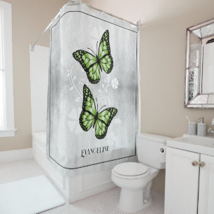 Rideau de douche fleurie à papillon vert